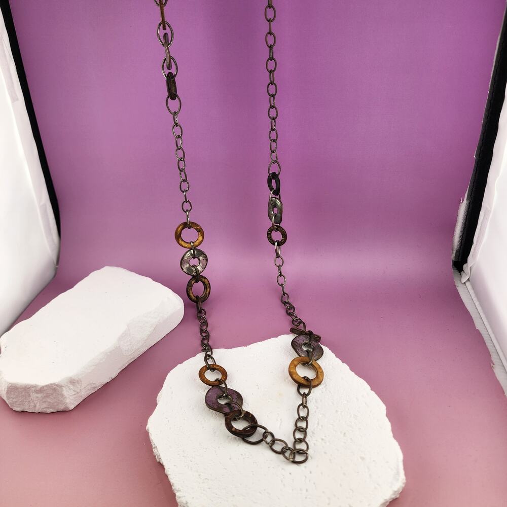 Purple Bronze Silver Tone Open Circle Link Necklace 45" Long Boho Statement